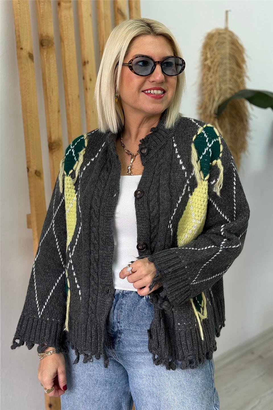 Antrasit Saçaklı Baklava Desen Çift Renk HırkaUT2601025-ANTRASIT-STD