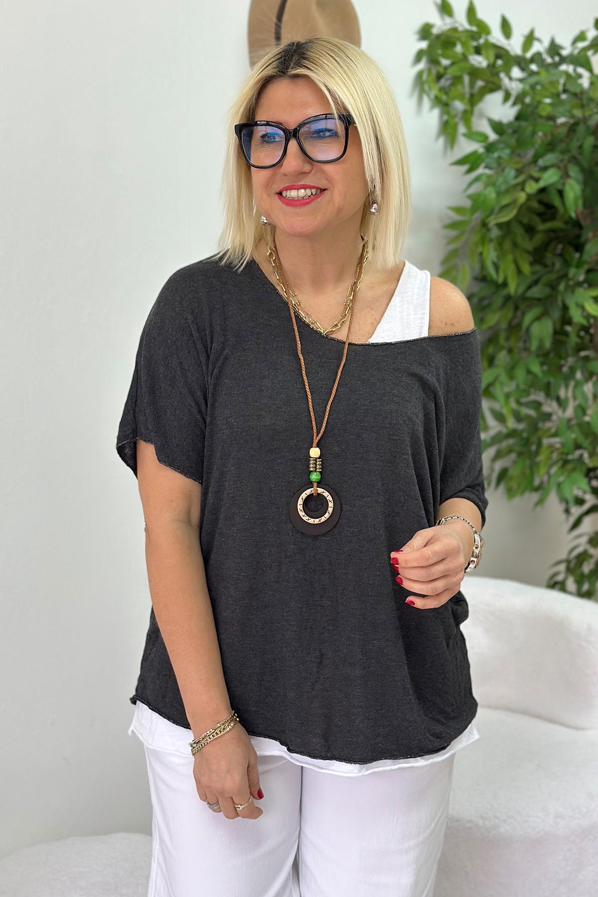 Antrasit Tişört Detay Kolyeli Cotton BluzUBL2412234-ANTRASIT-STD