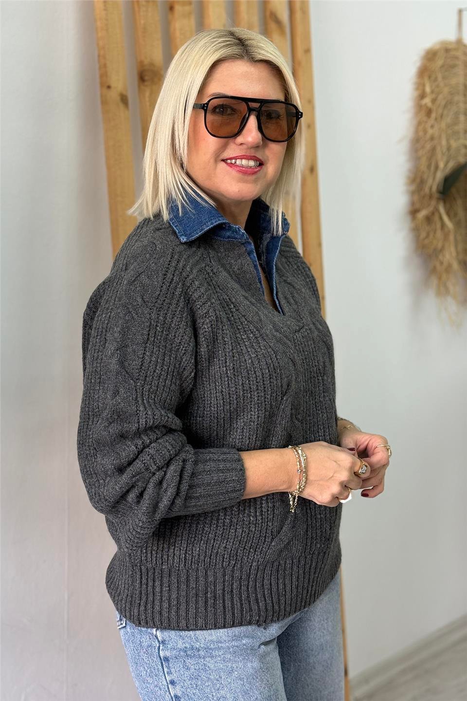 Antrasit Yakası Denim Garnil Saç Örgülü KazakUT2601024-ANTRASIT-STD