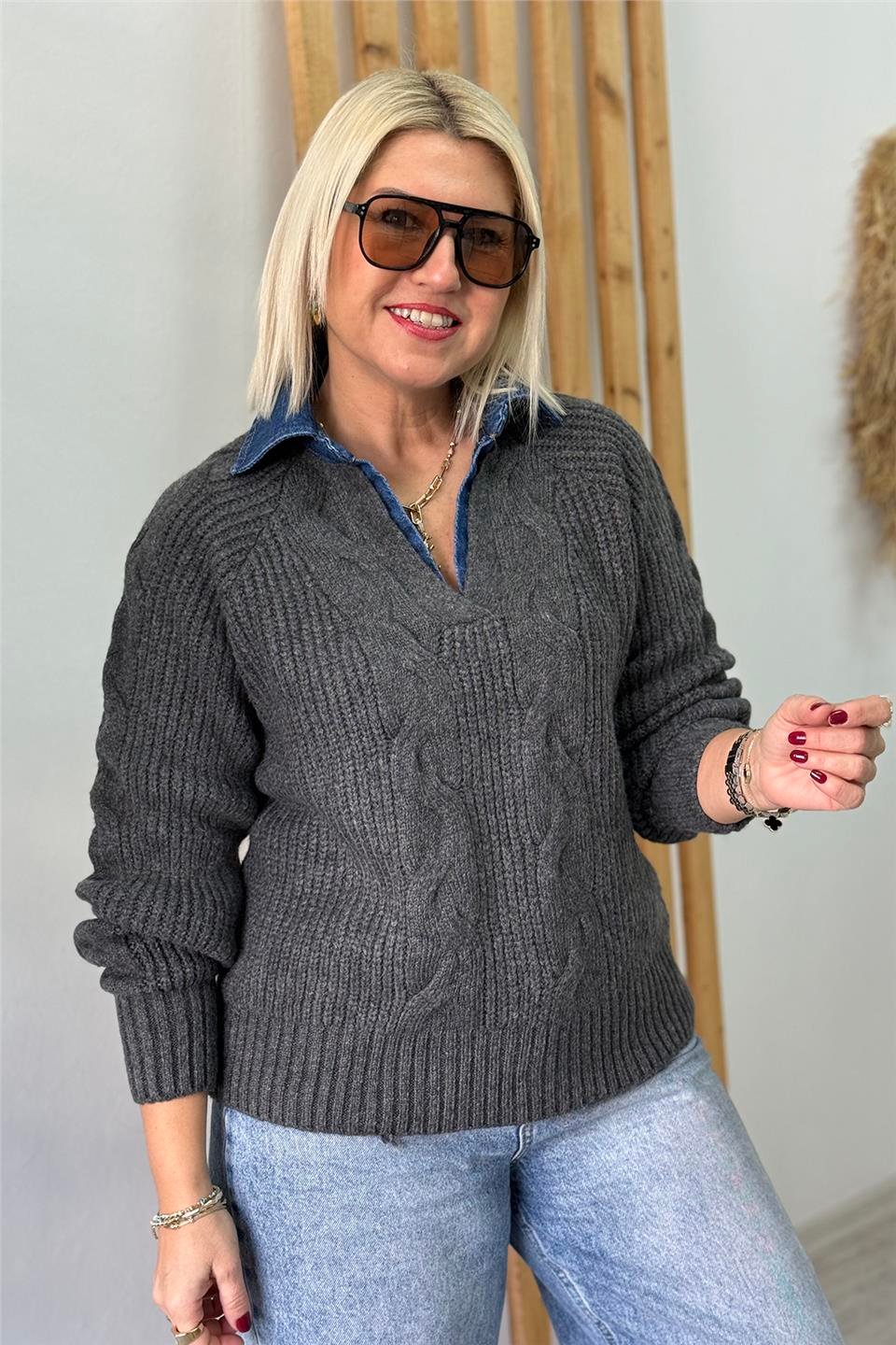 Antrasit Yakası Denim Garnil Saç Örgülü KazakUT2601024-ANTRASIT-STD