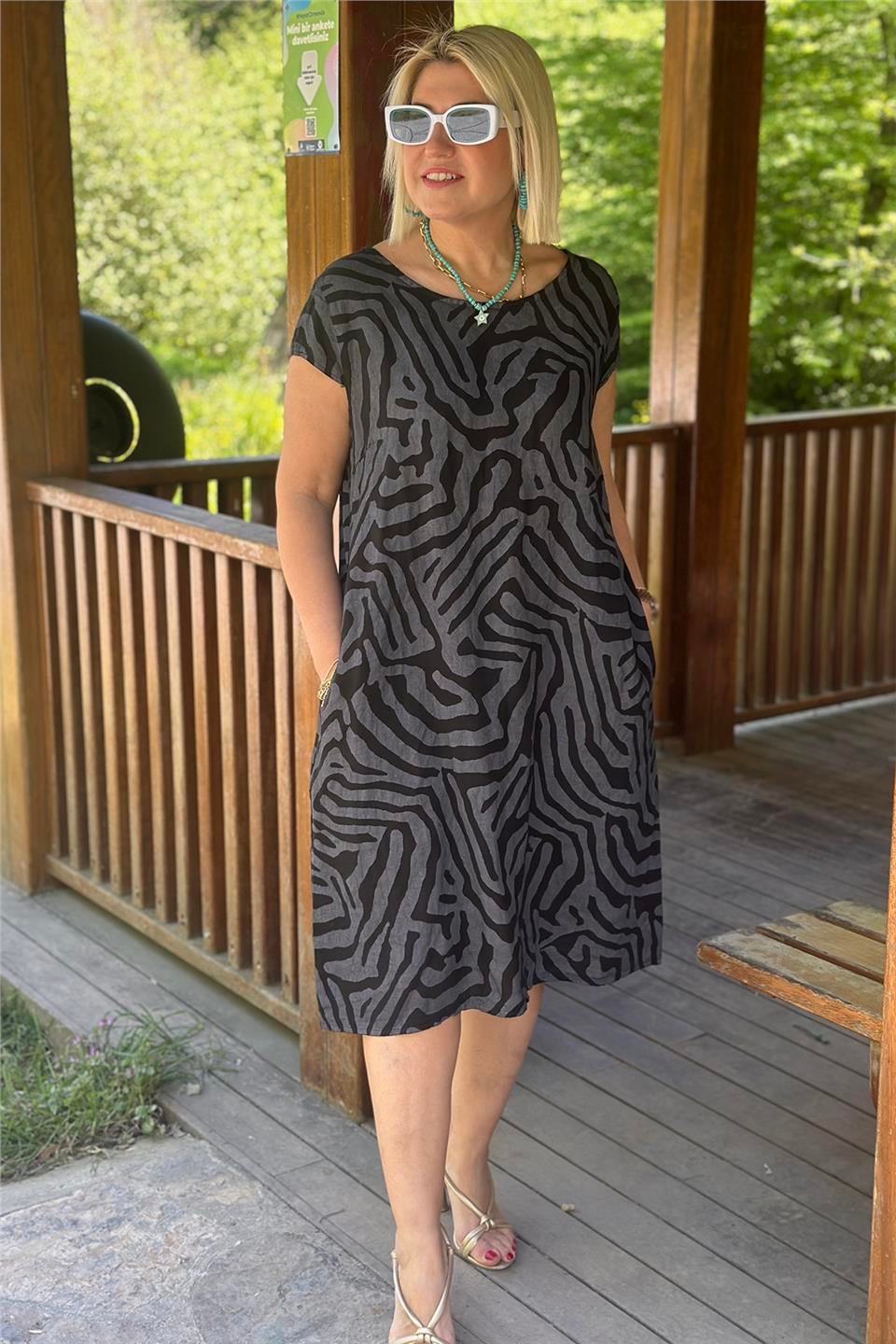 Antrasit Zebra Desen Keten ElbiseUK22321211241-ANTRASIT-STD