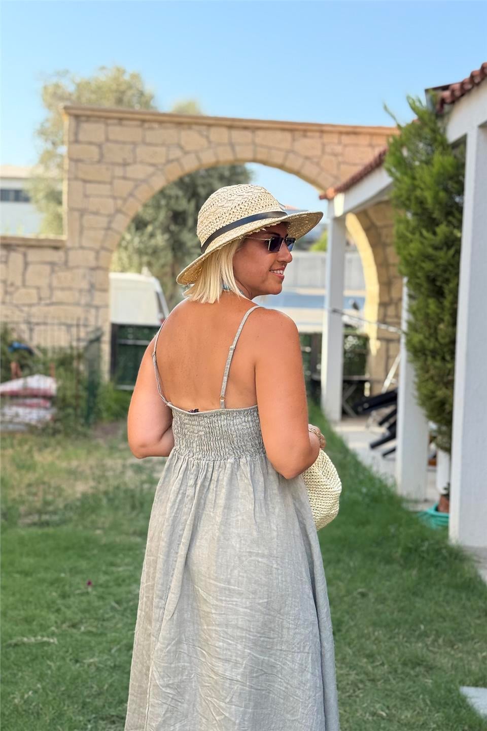 Bej Askılı Sırt Lastikli Uzun Keten ElbiseELB2401339-BEJ-STD