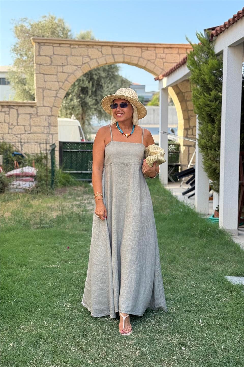 Bej Askılı Sırt Lastikli Uzun Keten ElbiseELB2401339-BEJ-STD