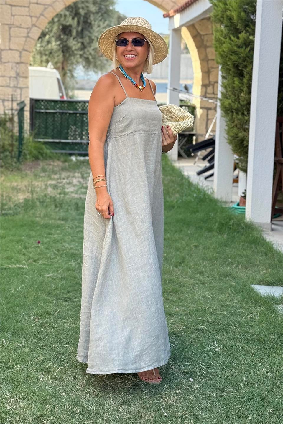 Bej Askılı Sırt Lastikli Uzun Keten ElbiseELB2401339-BEJ-STD