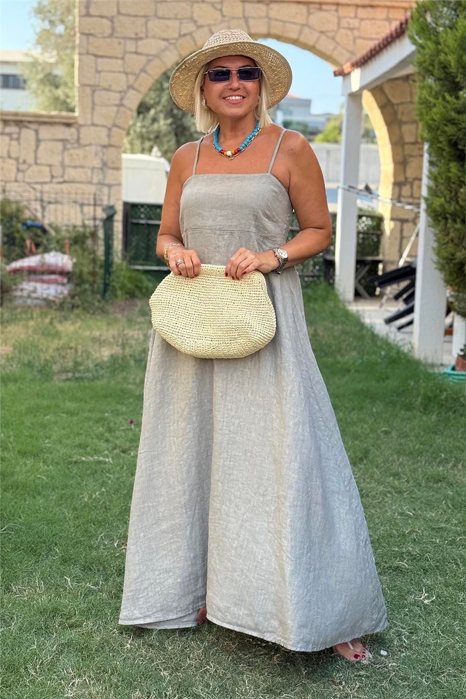 Bej Askılı Sırt Lastikli Uzun Keten ElbiseELB2401339-BEJ-STD