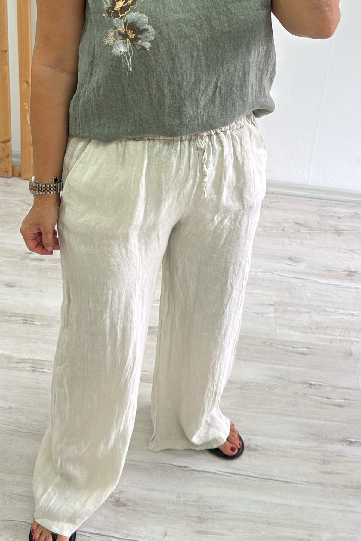 Bej Beli Bağcıklı Bol Paça Keten PantolonAPNT20250982-BEJ-STD