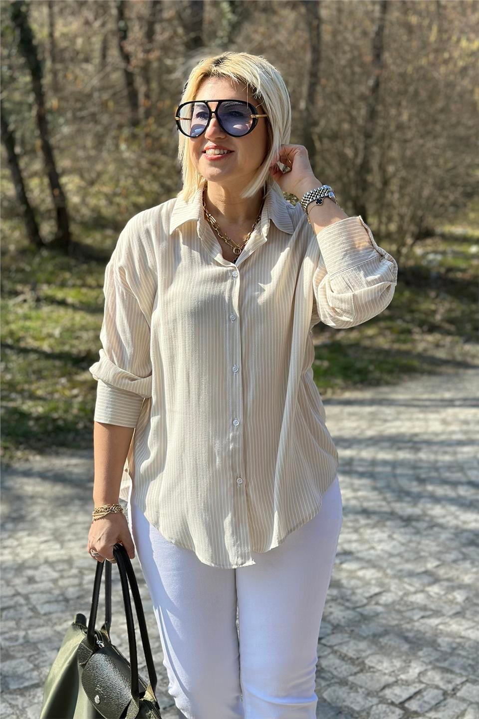 Bej Çizgili Cotton Salaş GömlekUG02412111-BEJ-STD