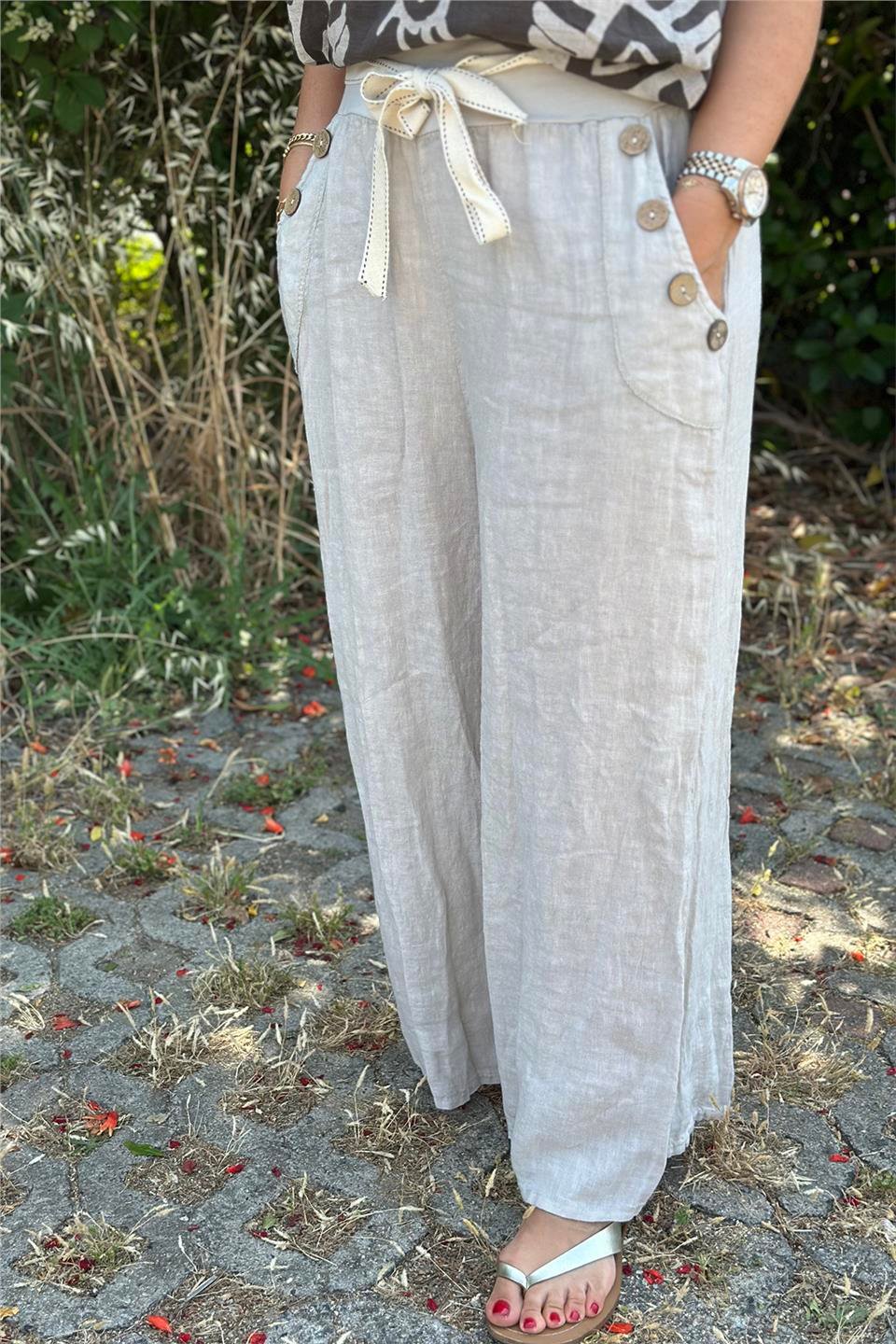 Bej Düğme Detay Bol Paça Beli Lastikli Keten PantolonUK224048131-BEJ-STD