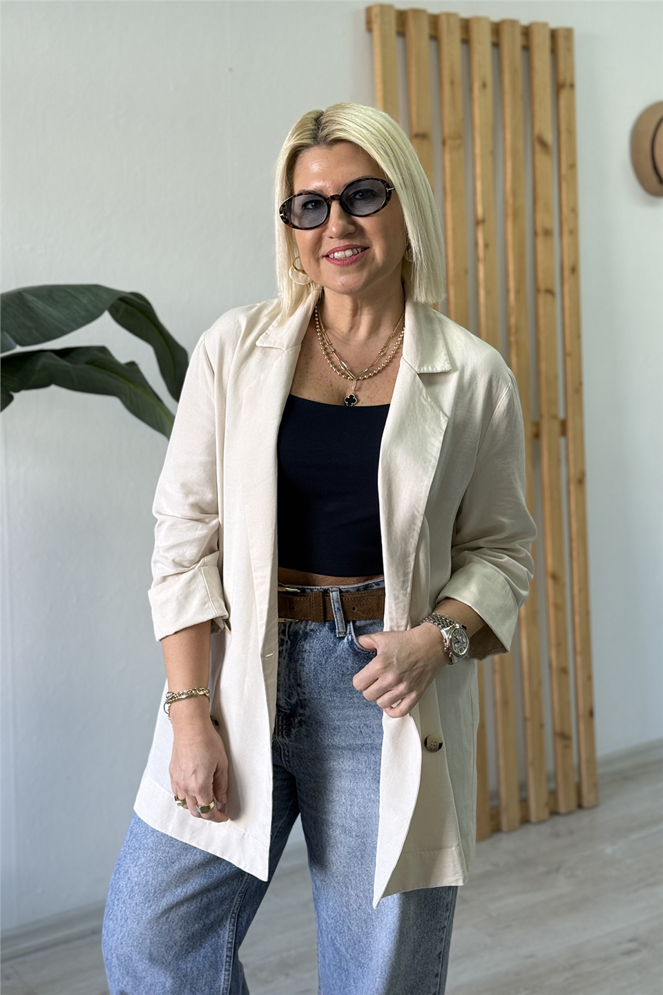 Bej Düğmeli Truvakar Kol Blazer CeketDM24111915-BEJ-S