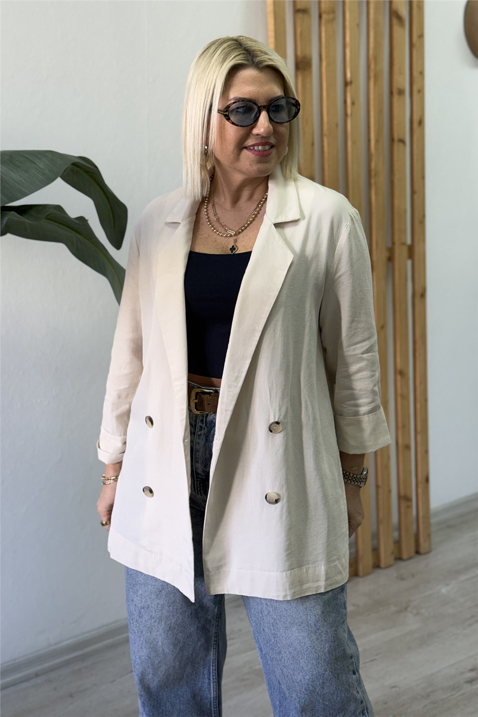 Bej Düğmeli Truvakar Kol Blazer CeketDM24111915-BEJ-S