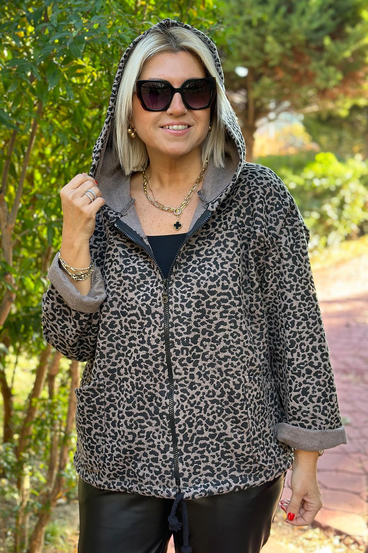 Bej Kapşonlu Leopar Desenli MontDM24111903-BEJ-STD