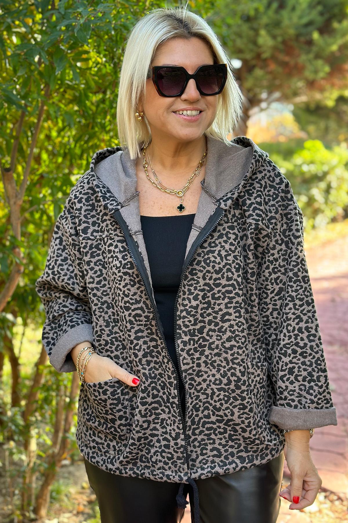 Bej Kapşonlu Leopar Desenli MontDM24111903-BEJ-STD