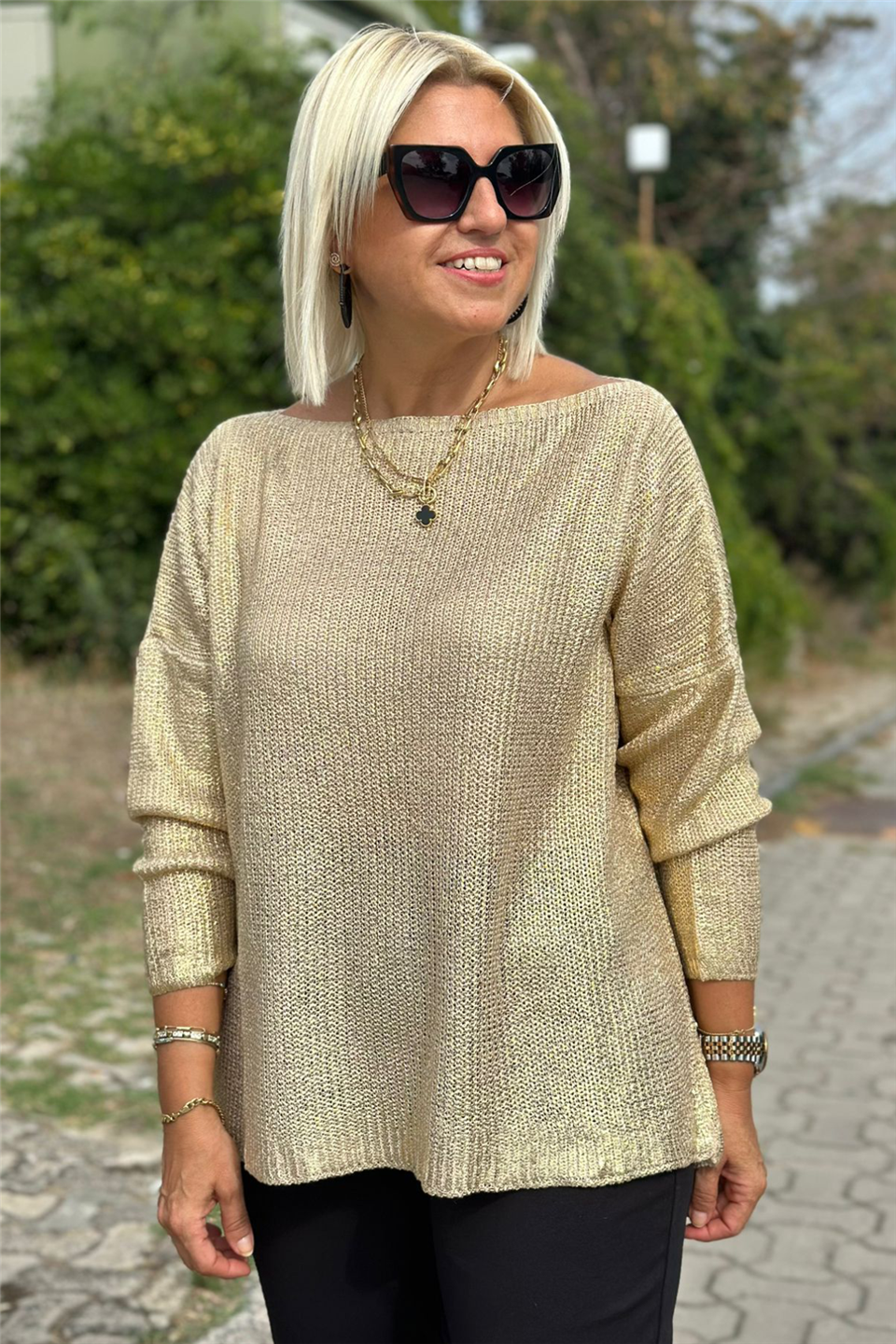 Bej Kayık Yaka Varak Baskılı TrikoUK228020227-BEJ-STD