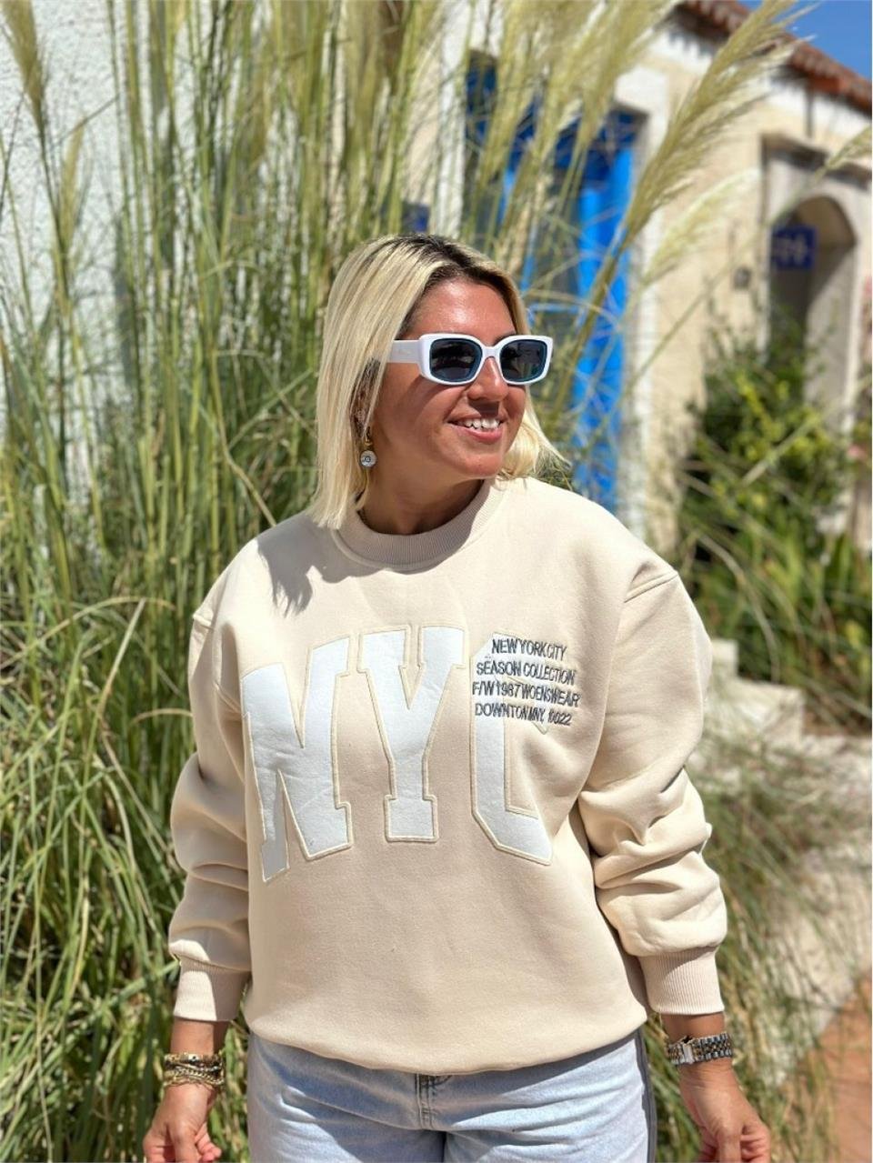 Bej NYC Baskı Nakışlı Sweatshirt UK2250132-Bej