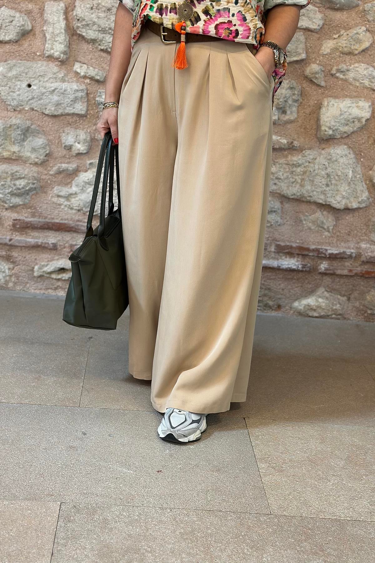 Bej Pileli Bol Paça Cotton PantolonUK224048117-BEJ-S