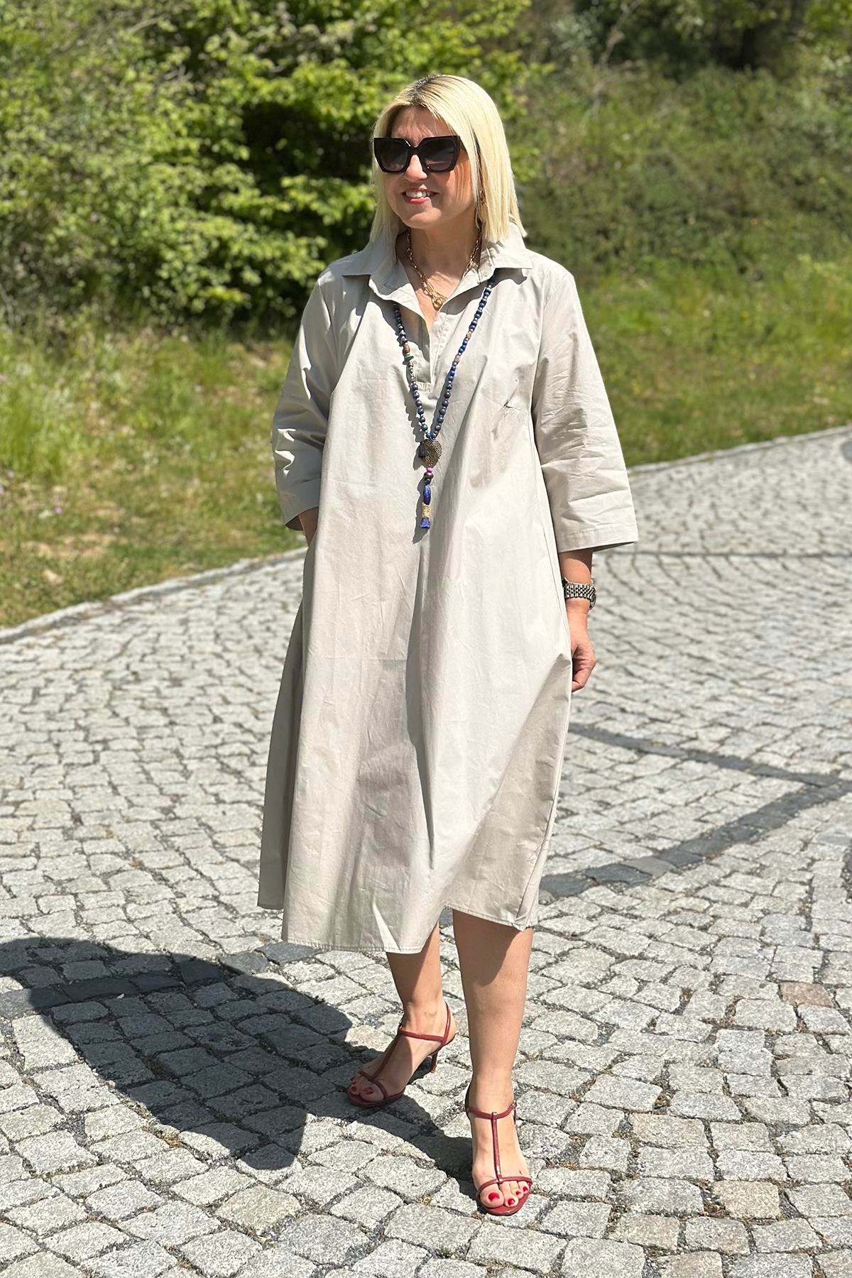Bej Polo Yaka Salaş Cotton Çift Cepli ElbiseELB2401230-BEJ-S