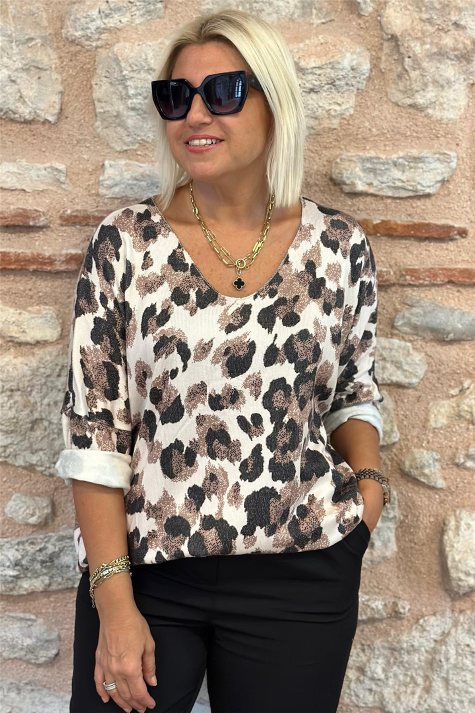 Bej V Yaka Desenli Angora Mevsimlik TrikoUK228020228-BEJ-STD