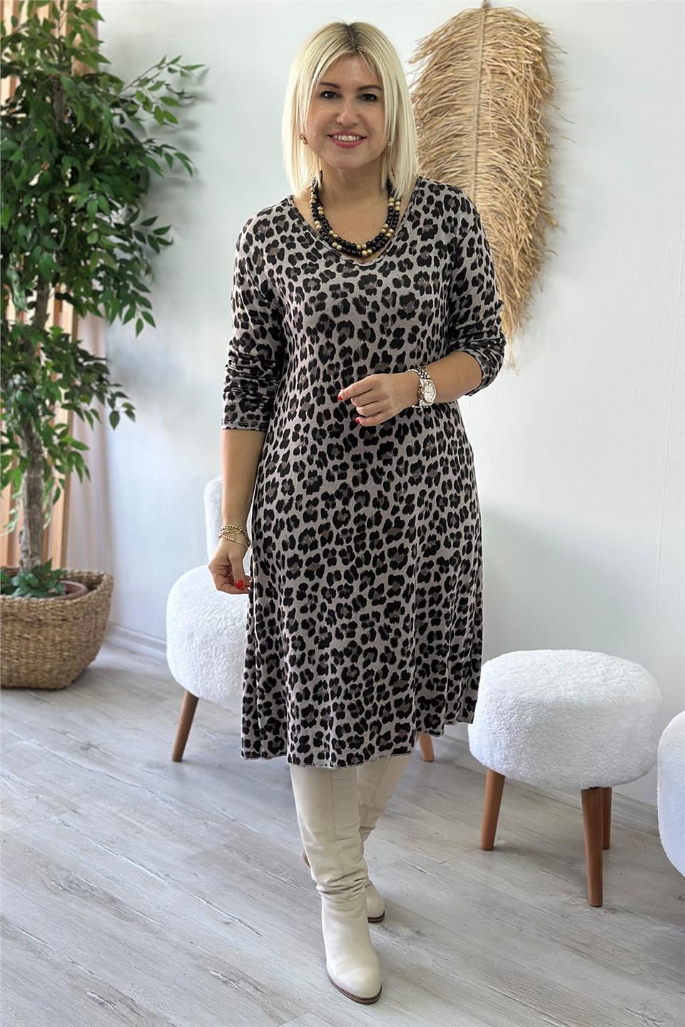 Bej V Yaka Leopar Desen Triko ElbiseELB2401213-BEJ-STD