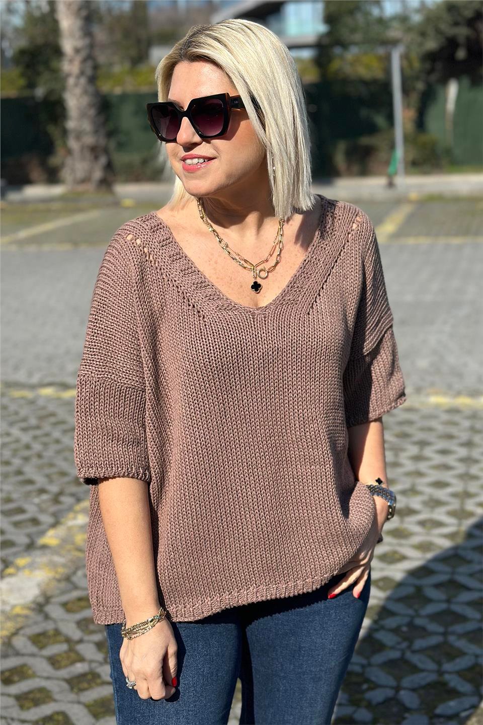Bej V Yaka Salaş Örme TrikoUT24110976-BEJ-STD