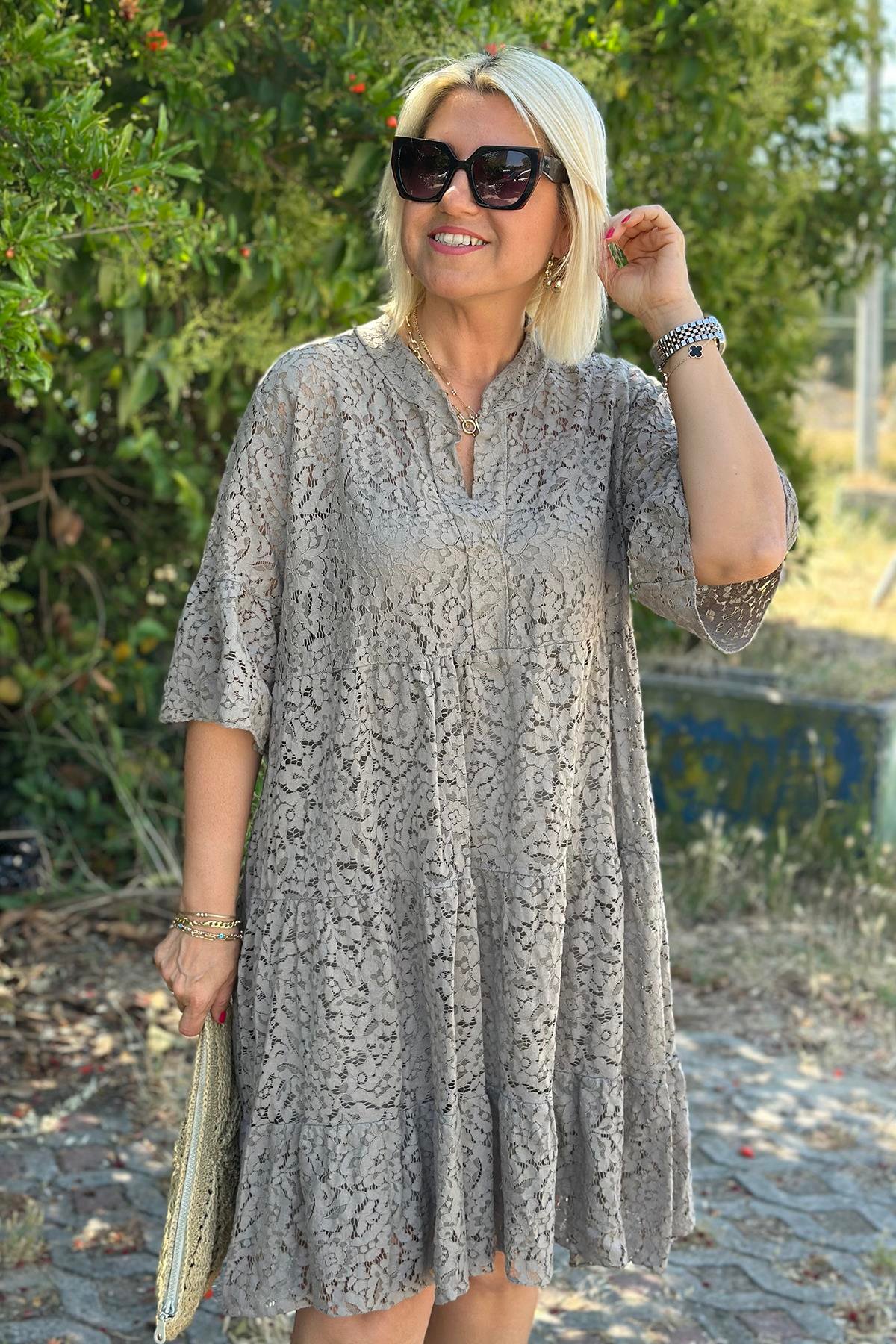 Bej Yarım Kol İçi Astarlı Dantel ElbiseELB2401292-BEJ-STD
