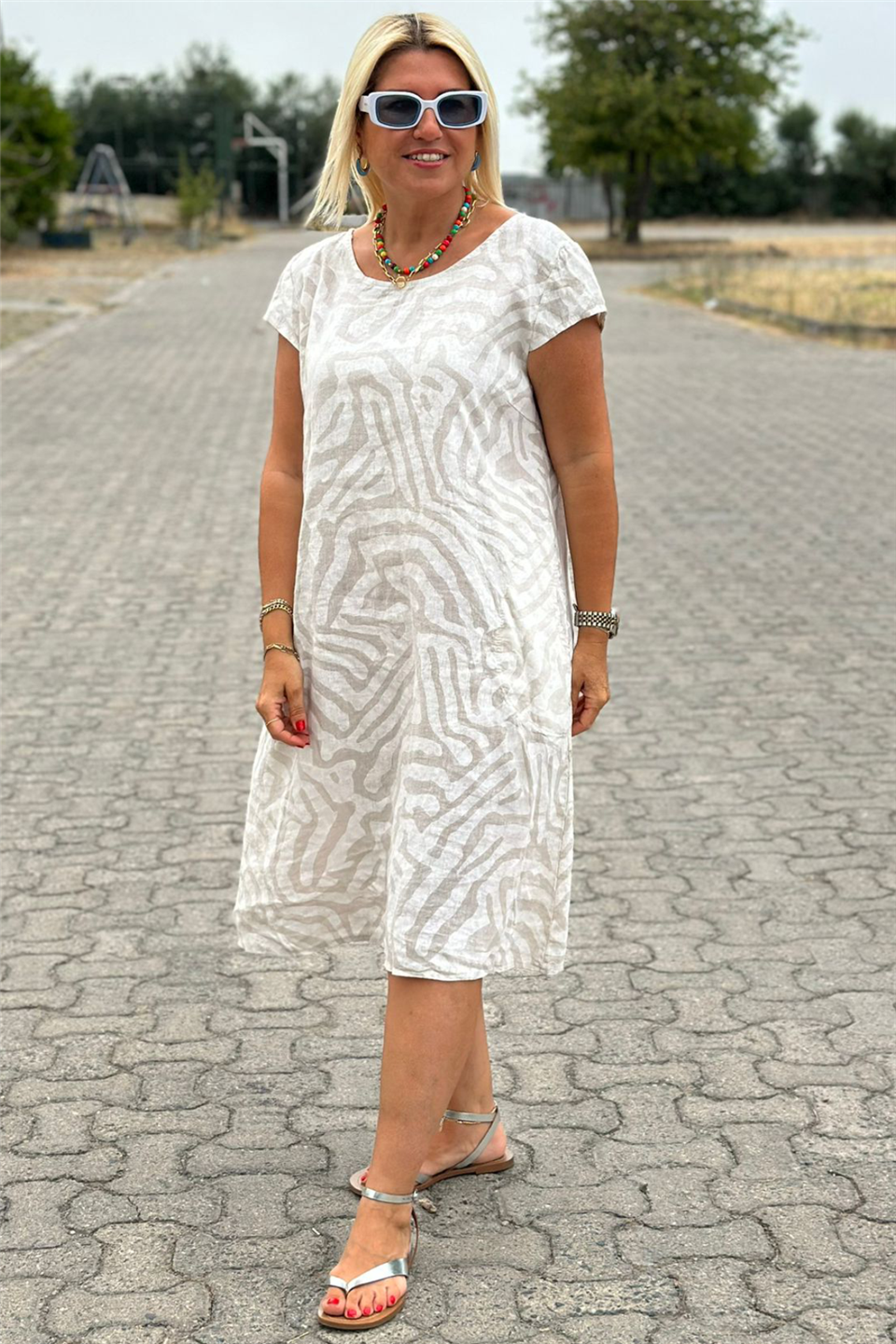 Bej Zebra Desen Keten ElbiseUK22321211241-BEJ-STD