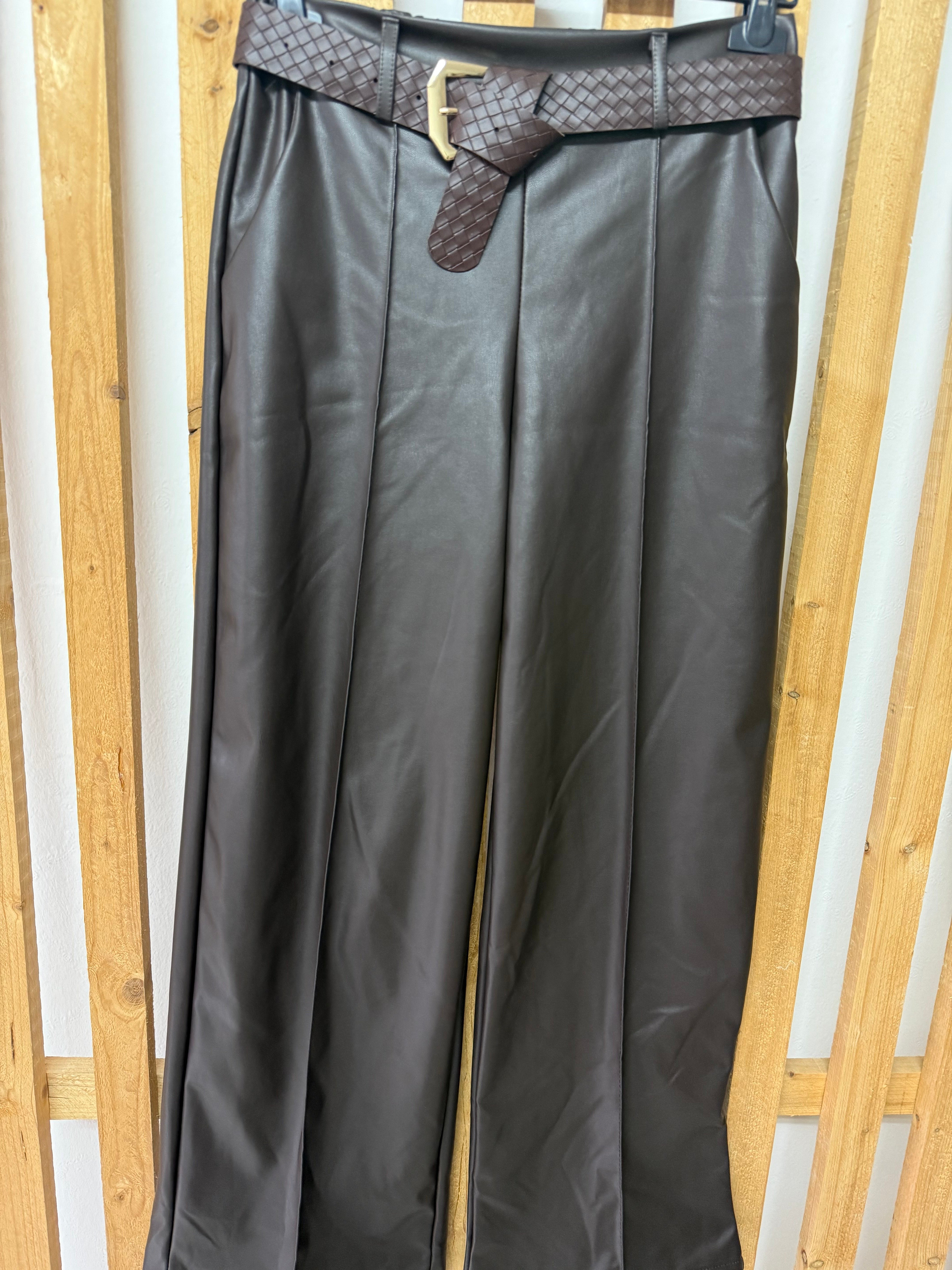 Beli Kemerli Bol Paça Deri PantolonAPNT20250994-KAHVE-STD