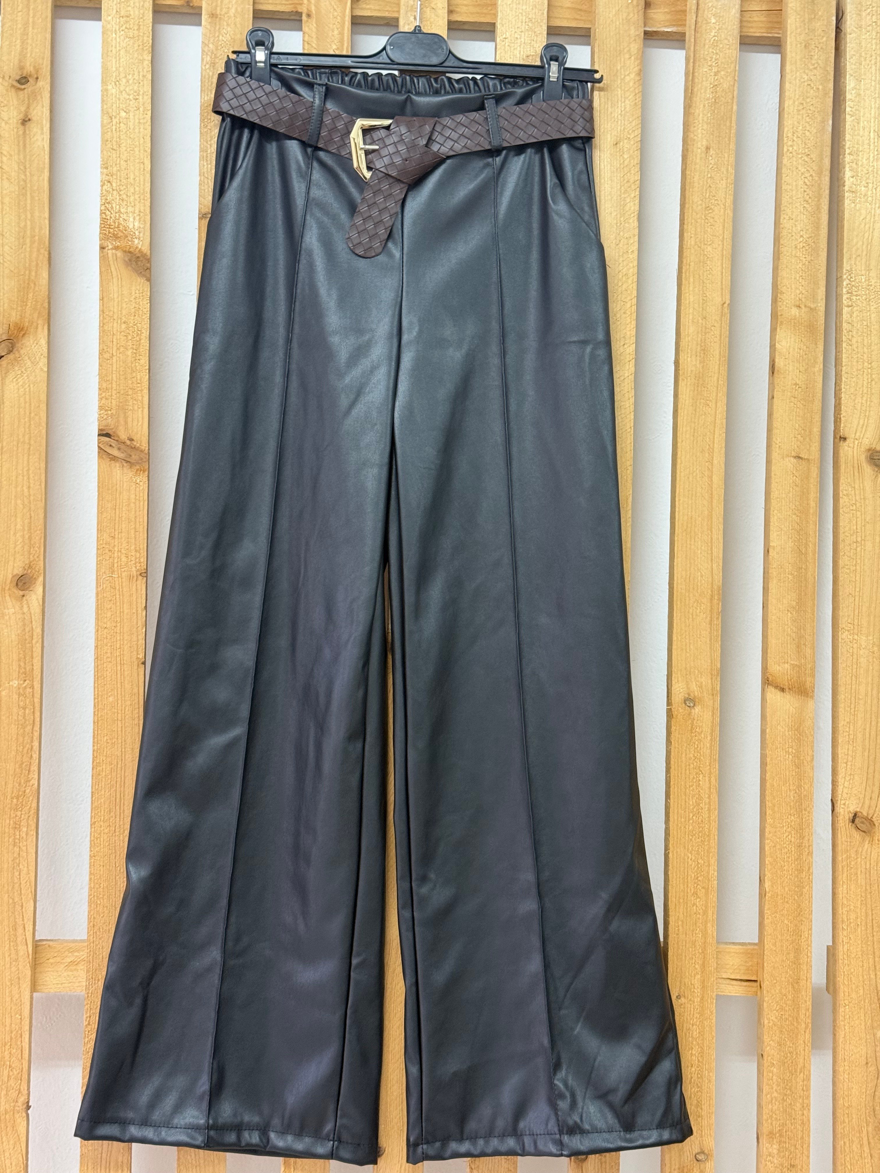 Beli Kemerli Bol Paça Deri PantolonAPNT20250994-SİYAH-STD