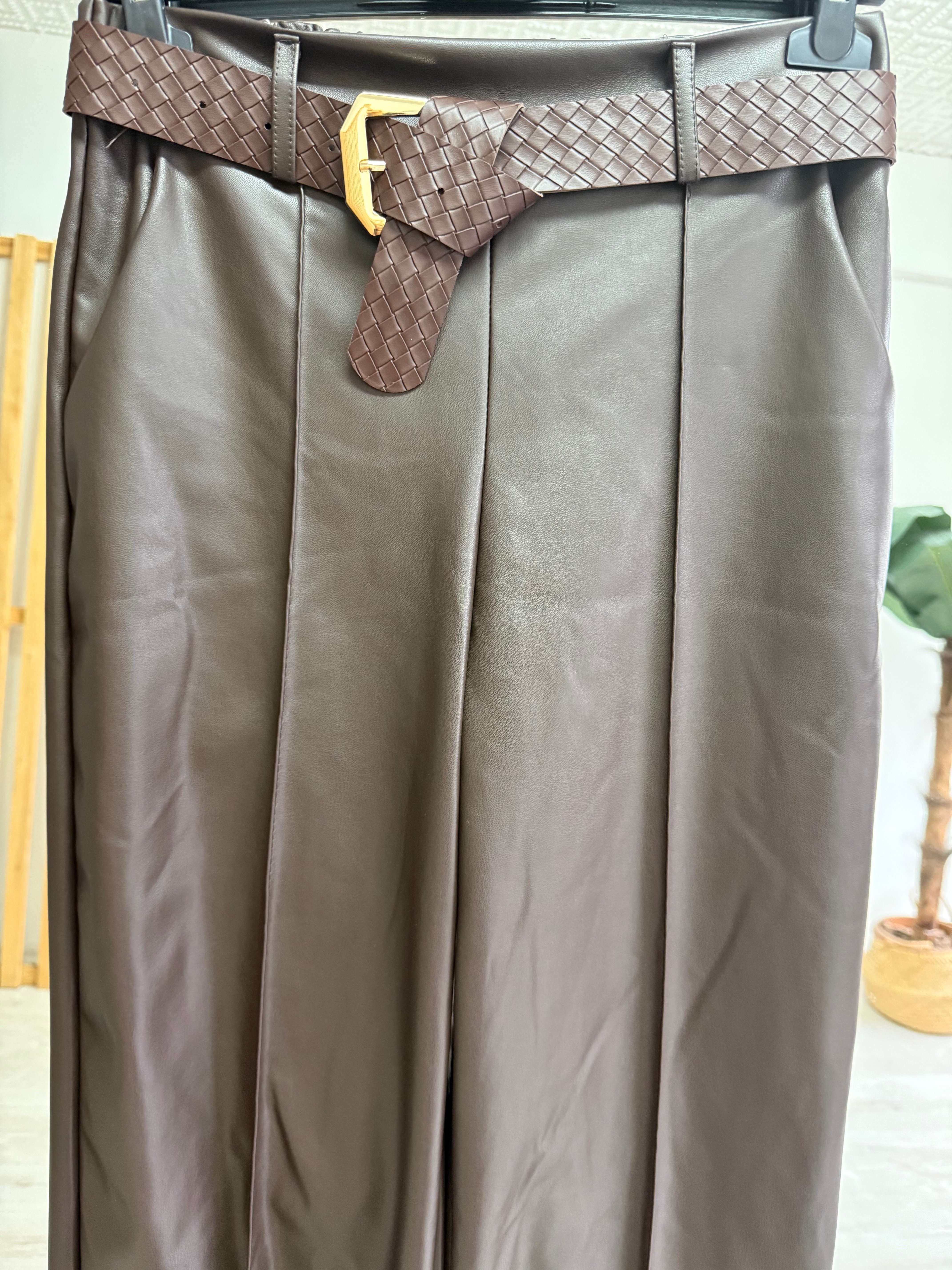 Beli Kemerli Bol Paça Deri PantolonAPNT20250994-KAHVE-STD