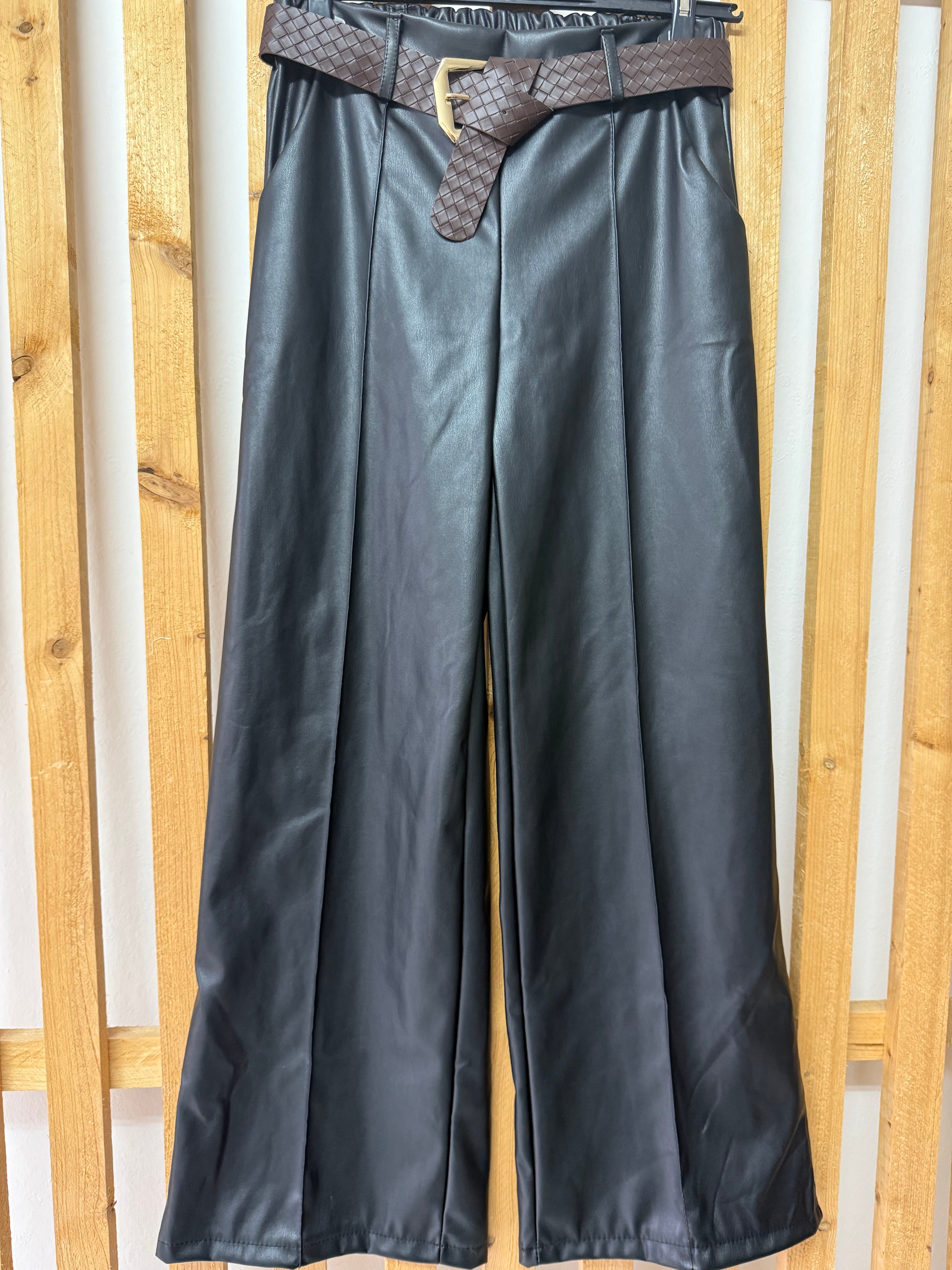 Beli Kemerli Bol Paça Deri PantolonAPNT20250994-SİYAH-STD