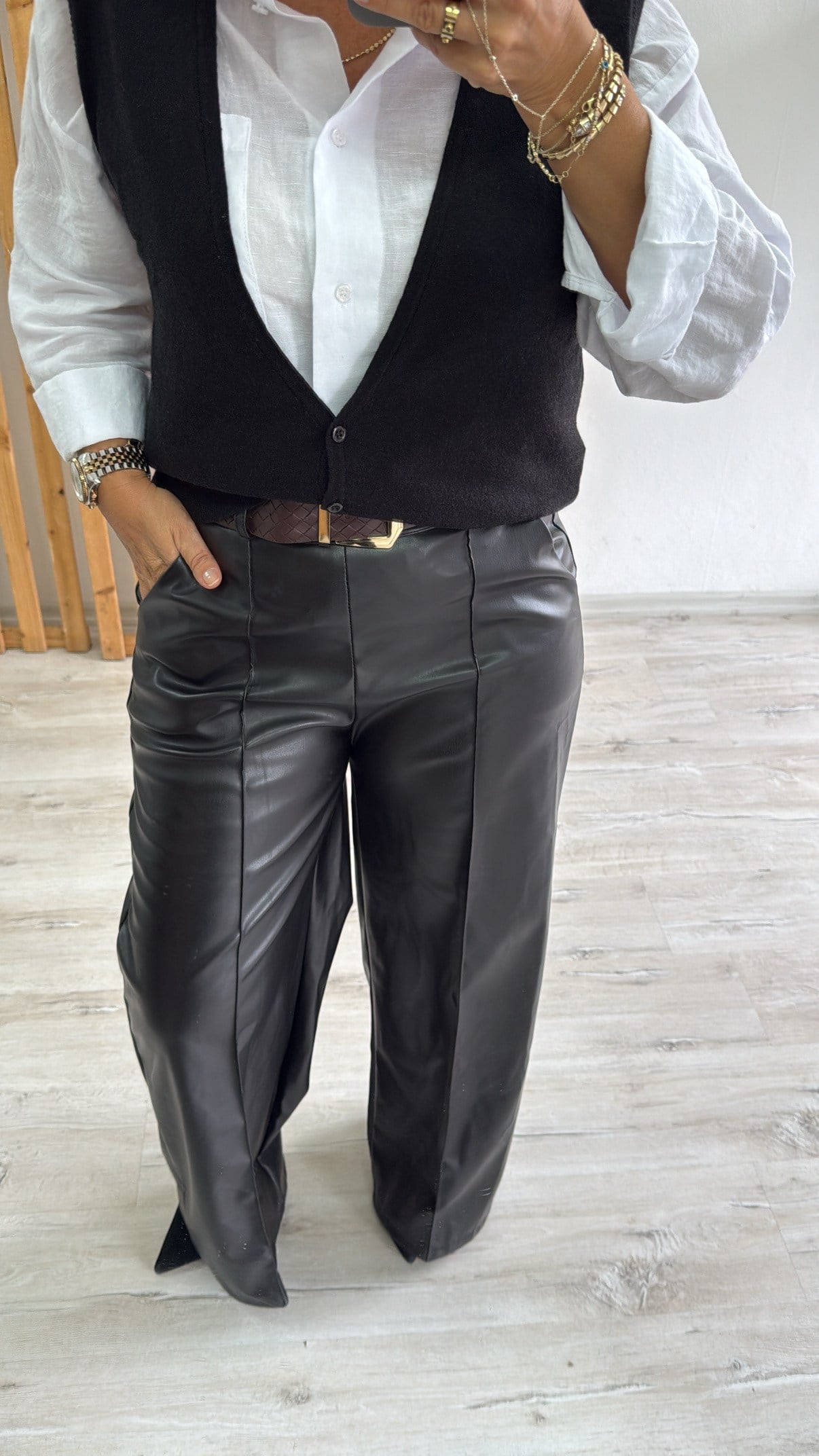 Beli Kemerli Bol Paça Deri PantolonAPNT20250994-SİYAH-STD