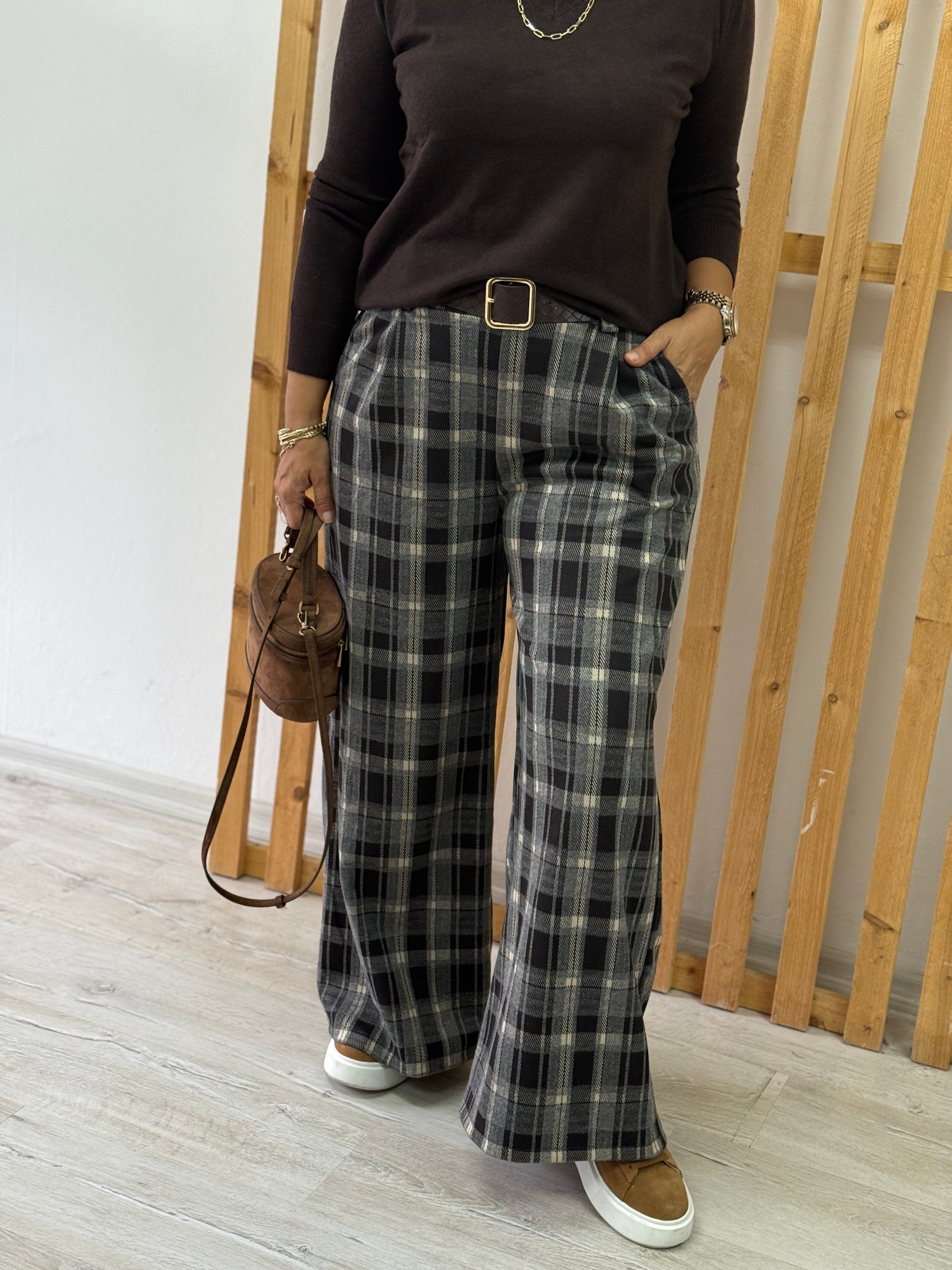 Beli Kemerli Bol Paça Ekose PantolonAPNT20250995-KAHVE-STD