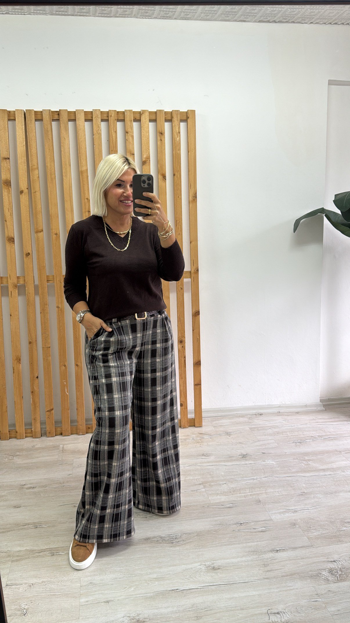 Beli Kemerli Bol Paça Ekose PantolonAPNT20250995-KAHVE-STD