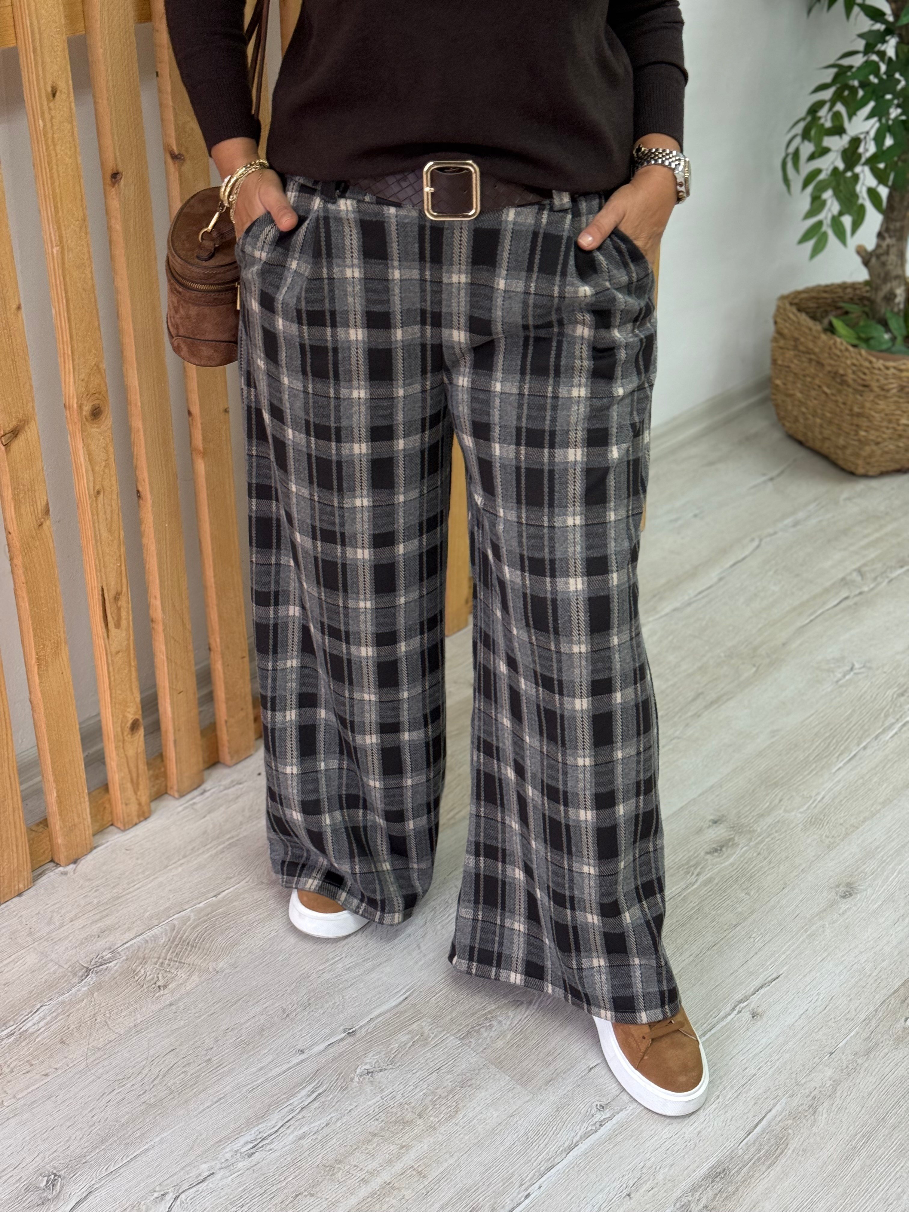 Beli Kemerli Bol Paça Ekose PantolonAPNT20250995-KAHVE-STD