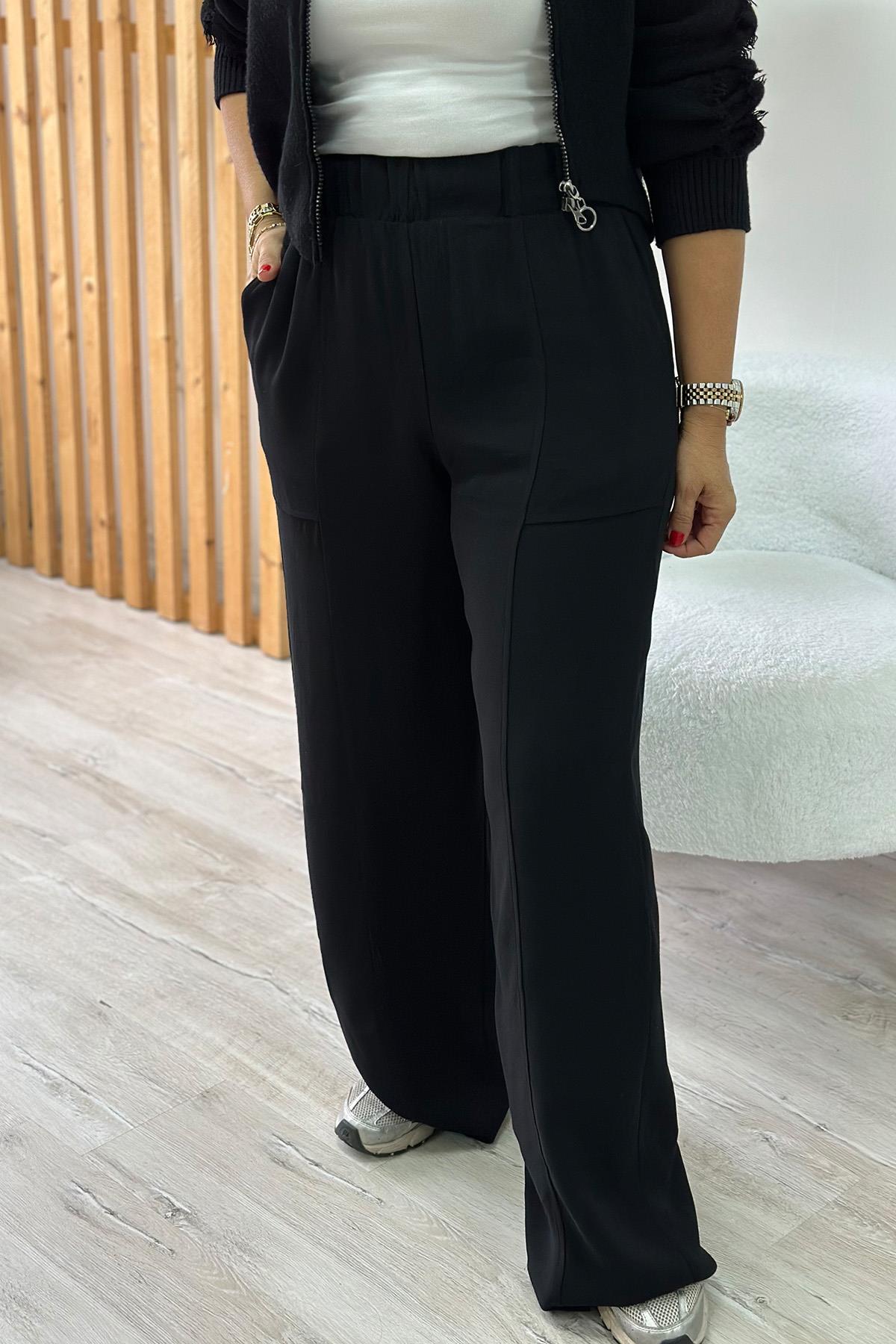 Beli Lastikli Bol Paça Dikişli PantolonUK224048106-SIYAH-S