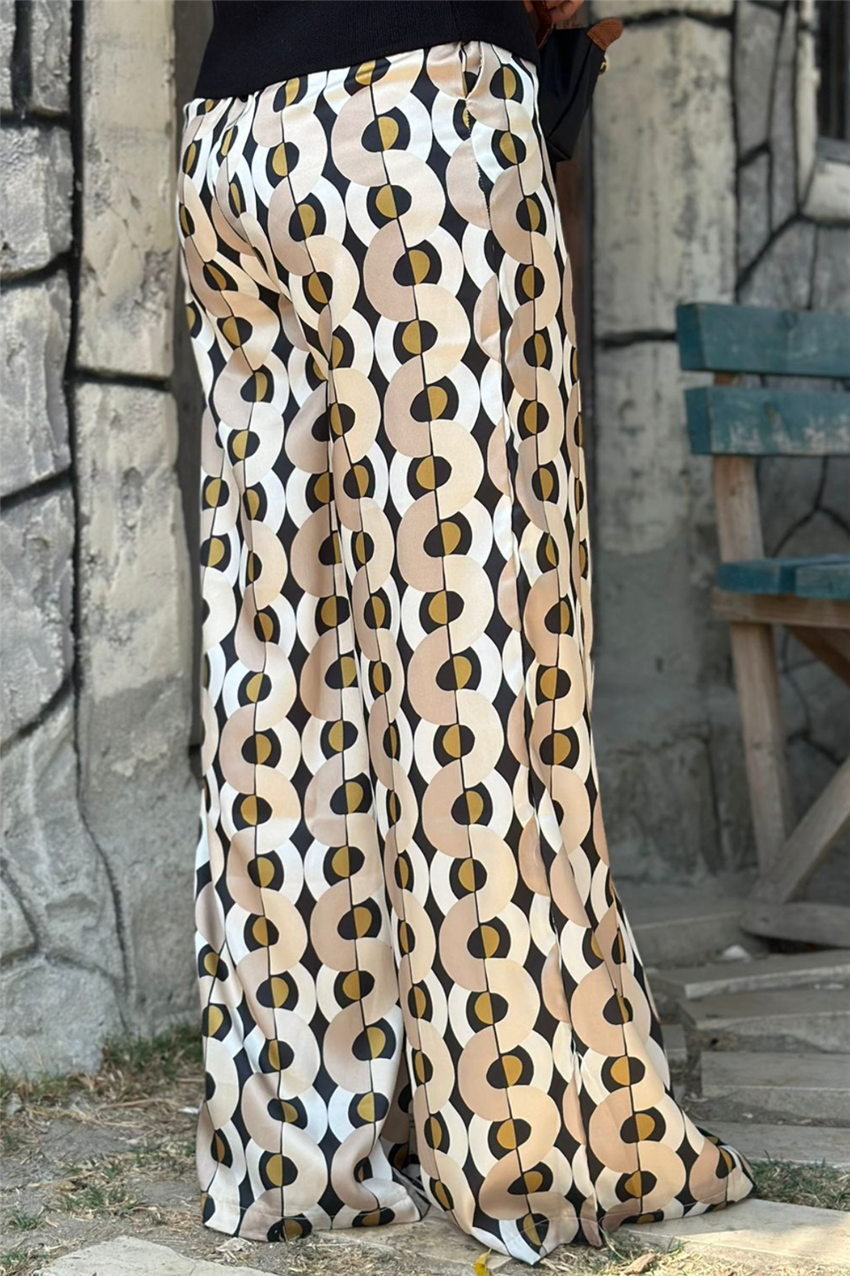 Beli Lastikli Desenli Saten Bol Paça PantolonAK224053-BEJ-S