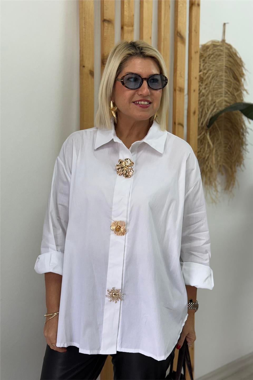Beyaz Aksesuar İğneli Salaş Cotton GömlekUG02412143-BEYAZ-STD