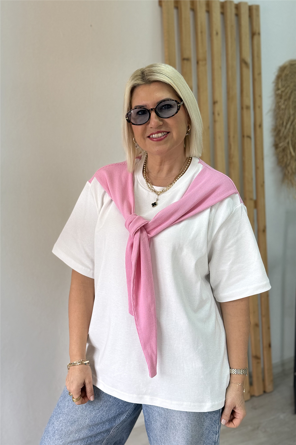 Beyaz Bağma Detaylı Pamuk TshirtTSH26001207-BEYAZ-S