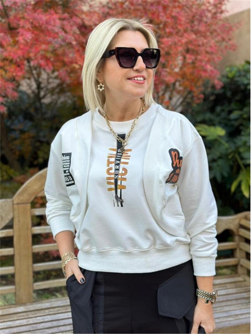 Beyaz Baskılı Hırkalı Sweatshirt  UK2250158-Beyaz
