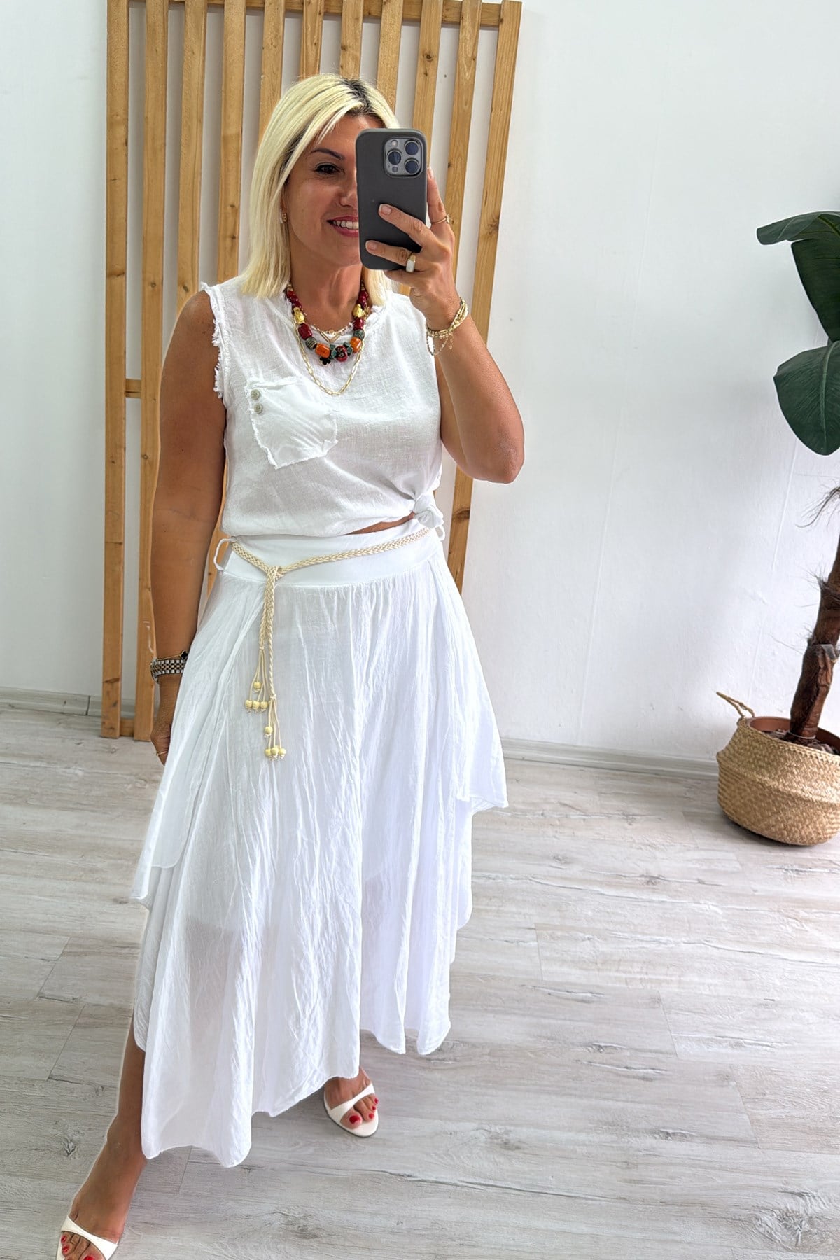 Beyaz Beli Bağçıklı Verev Kesim Astarlı Pamuk EtekAETK2500142-BEYAZ-STD