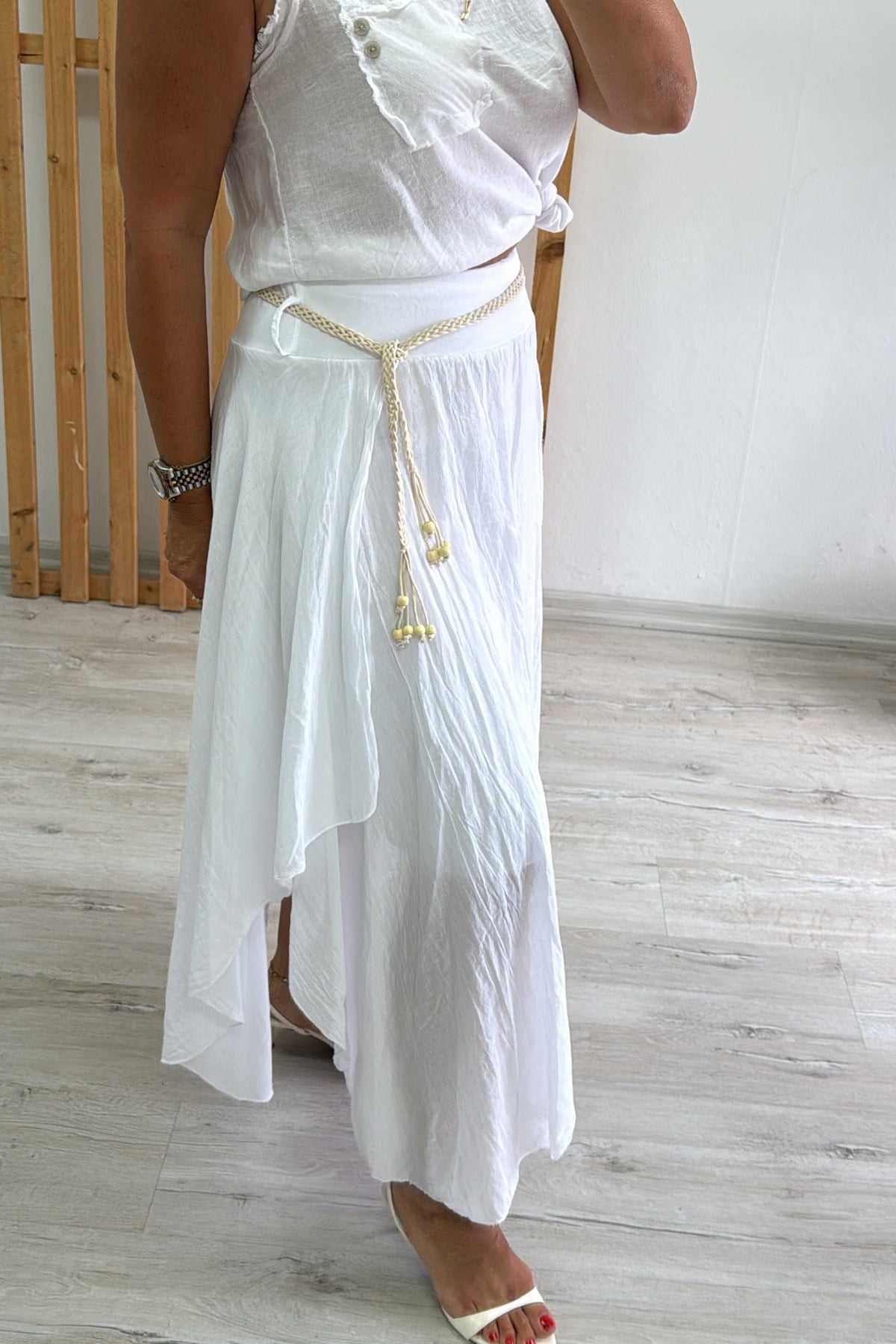 Beyaz Beli Bağçıklı Verev Kesim Astarlı Pamuk EtekAETK2500142-BEYAZ-STD