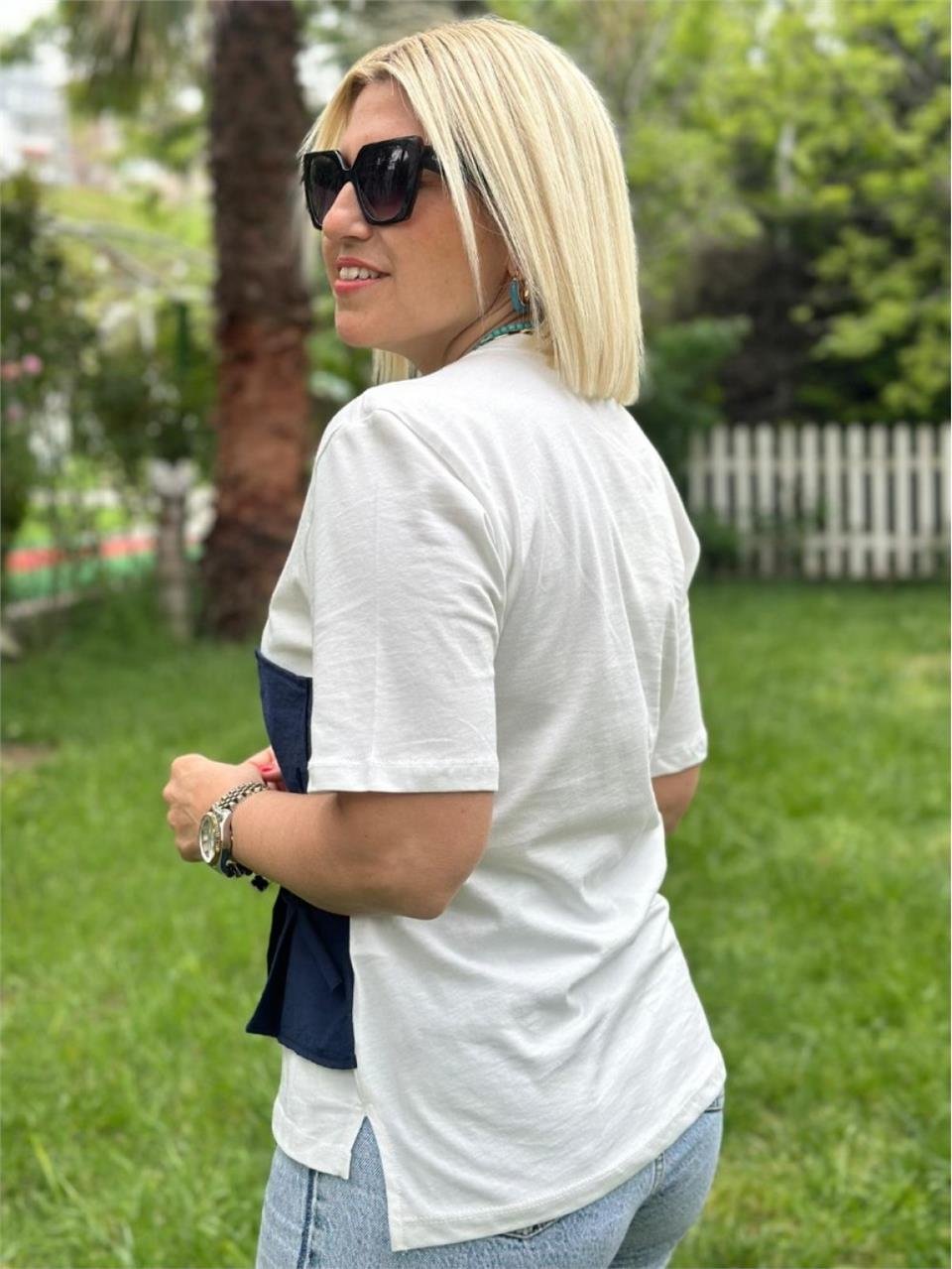 Beyaz Beli Büzgülü Garnili Tshirt UY217068-Beyaz