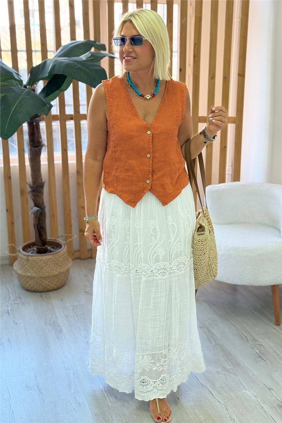 Beyaz Beli Kemerli Dantel İşlemeli Pamuk İçi Astarlı EtekAETK2500128-BEYAZ-STD