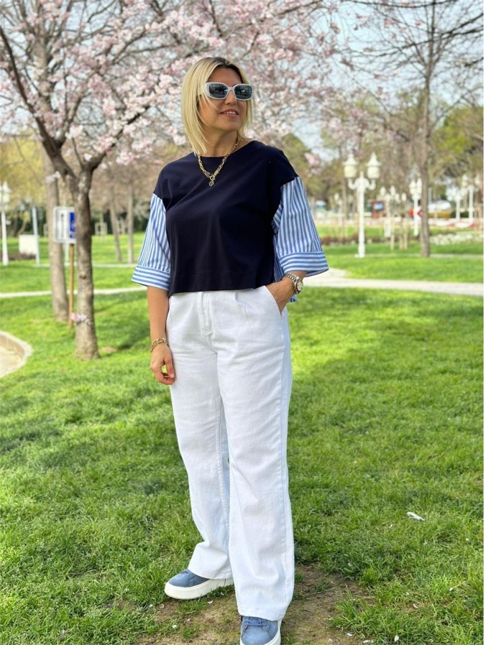 Beyaz Beyaz Cotton Palazzo Pantolon  AK223026-Beyaz