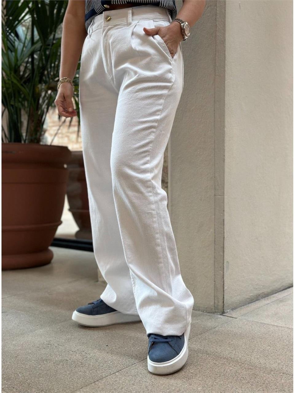 Beyaz Beyaz Cotton Palazzo Pantolon  AK223026-Beyaz