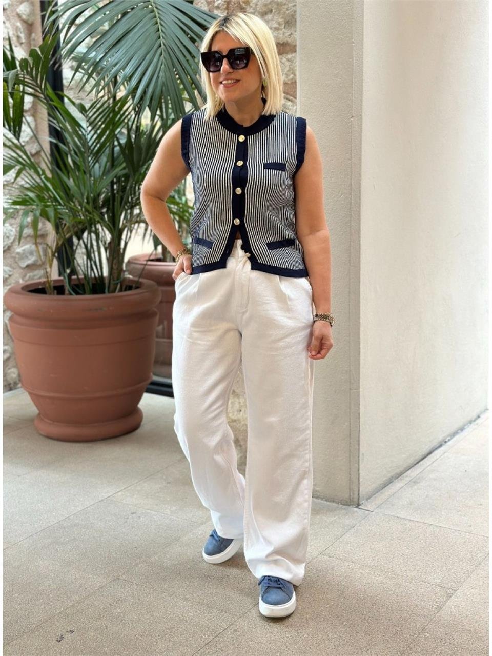 Beyaz Beyaz Cotton Palazzo Pantolon  AK223026-Beyaz