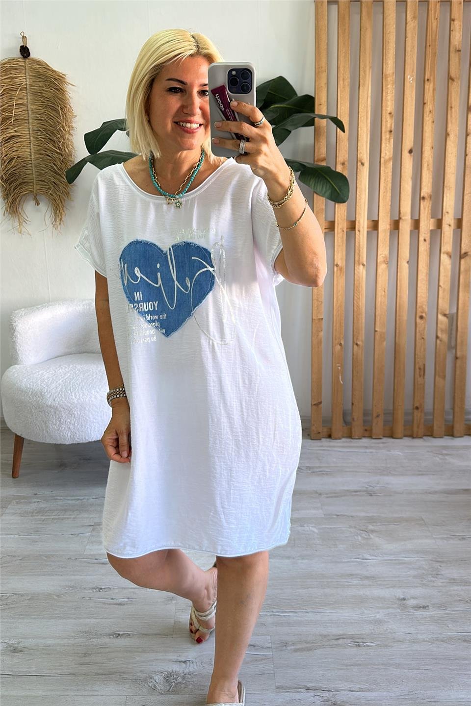 Beyaz Bisiklet Yaka Baskılı Ön Cotton Sırt Penye ElbiseELB2401281-BEYAZ-STD