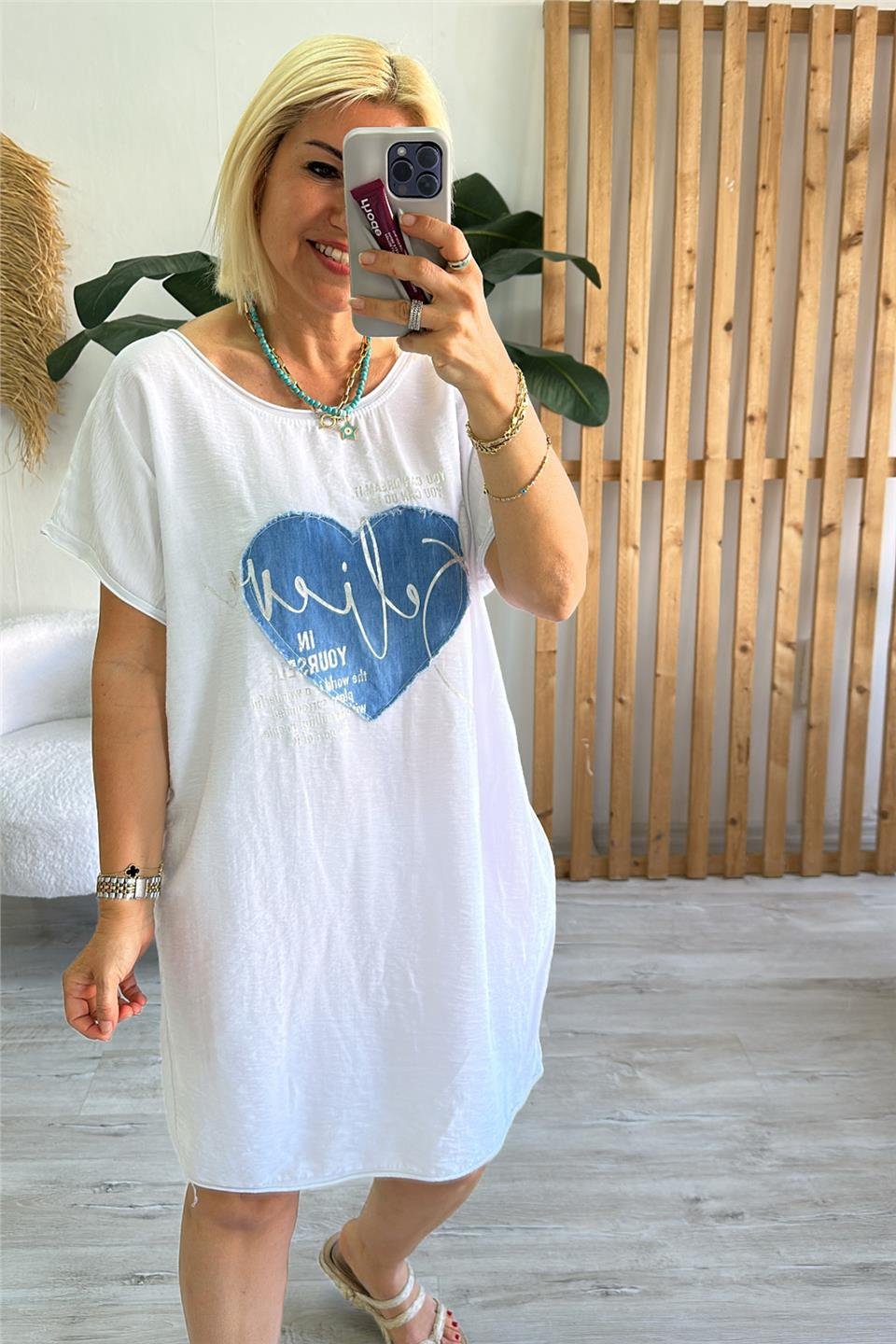 Beyaz Bisiklet Yaka Baskılı Ön Cotton Sırt Penye ElbiseELB2401281-BEYAZ-STD