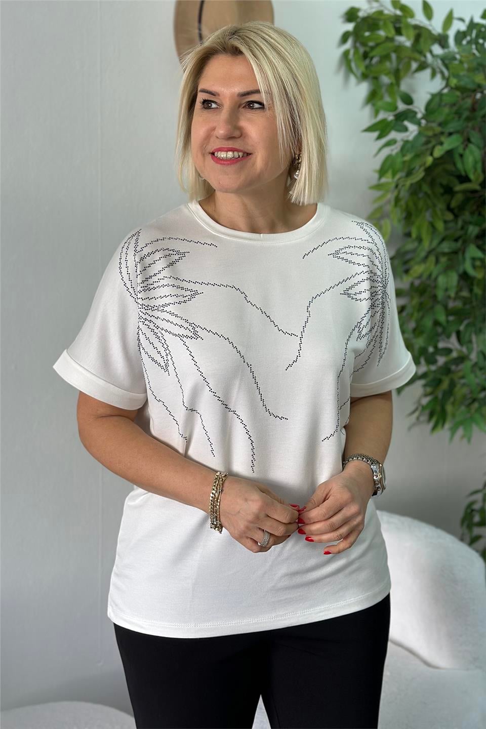 Beyaz Bisiklet yaka Çiçek Desen Taş Baskılı Penye TshirtUTS25002062-BEYAZ-M/L
