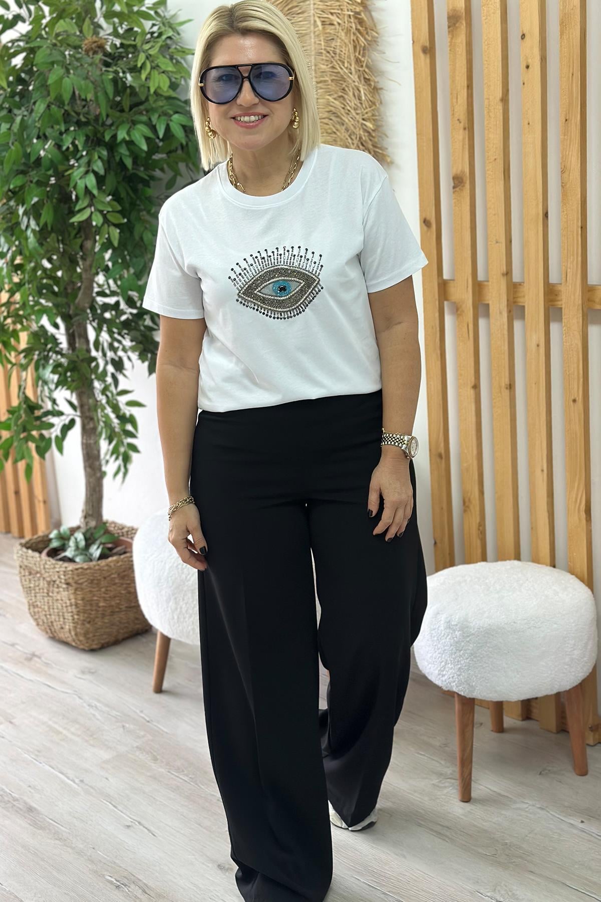 Beyaz Bisiklet Yaka Göz Taş İşlemeli TshirtUTS25002052-BEYAZ-S
