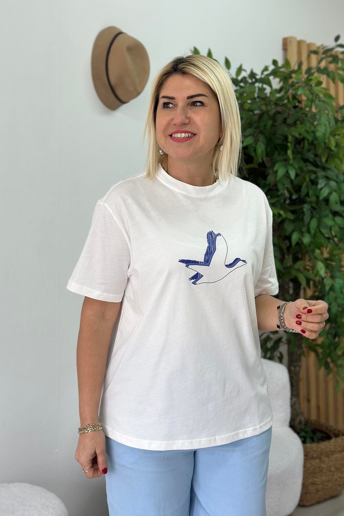 Beyaz Çift Renk Kuş Baskılı Cotton TShirtUTS25002061-BEYAZ-S